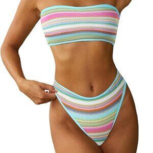 NEW Womens Strapless Wave Bandeau Bikini 2 Piece Swimwear SZ S